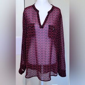 Vince Camuto Sheer Geometric Patterned Red & Black Women's Top Size Large